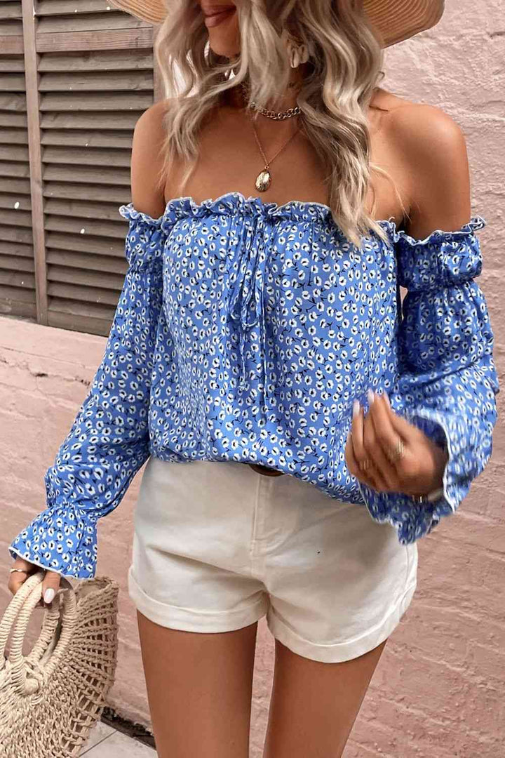 EJC Off Shoulder Printed Frill Trim Blouse