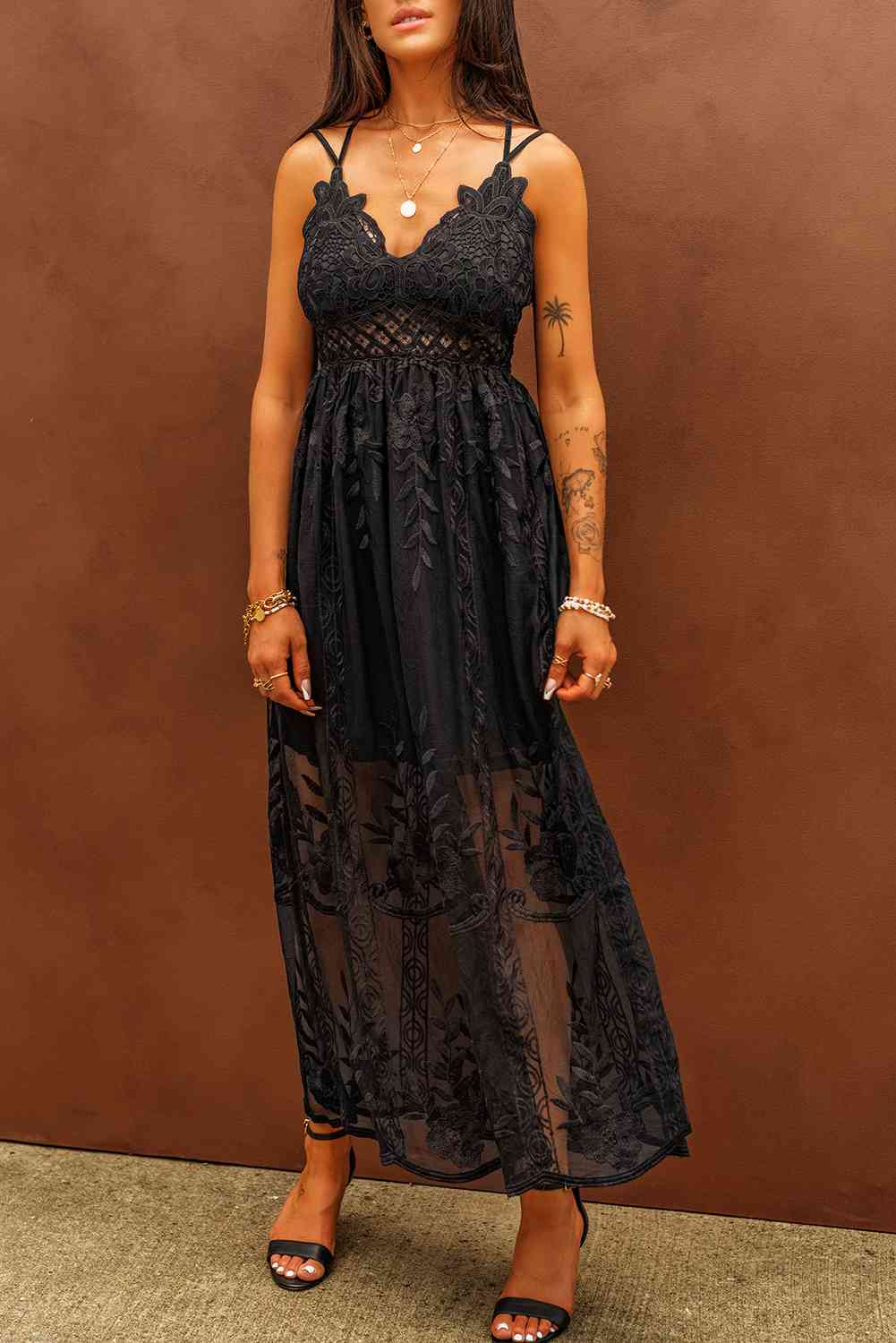 EJC Lace Crisscross Back Sleeveless Maxi Dress