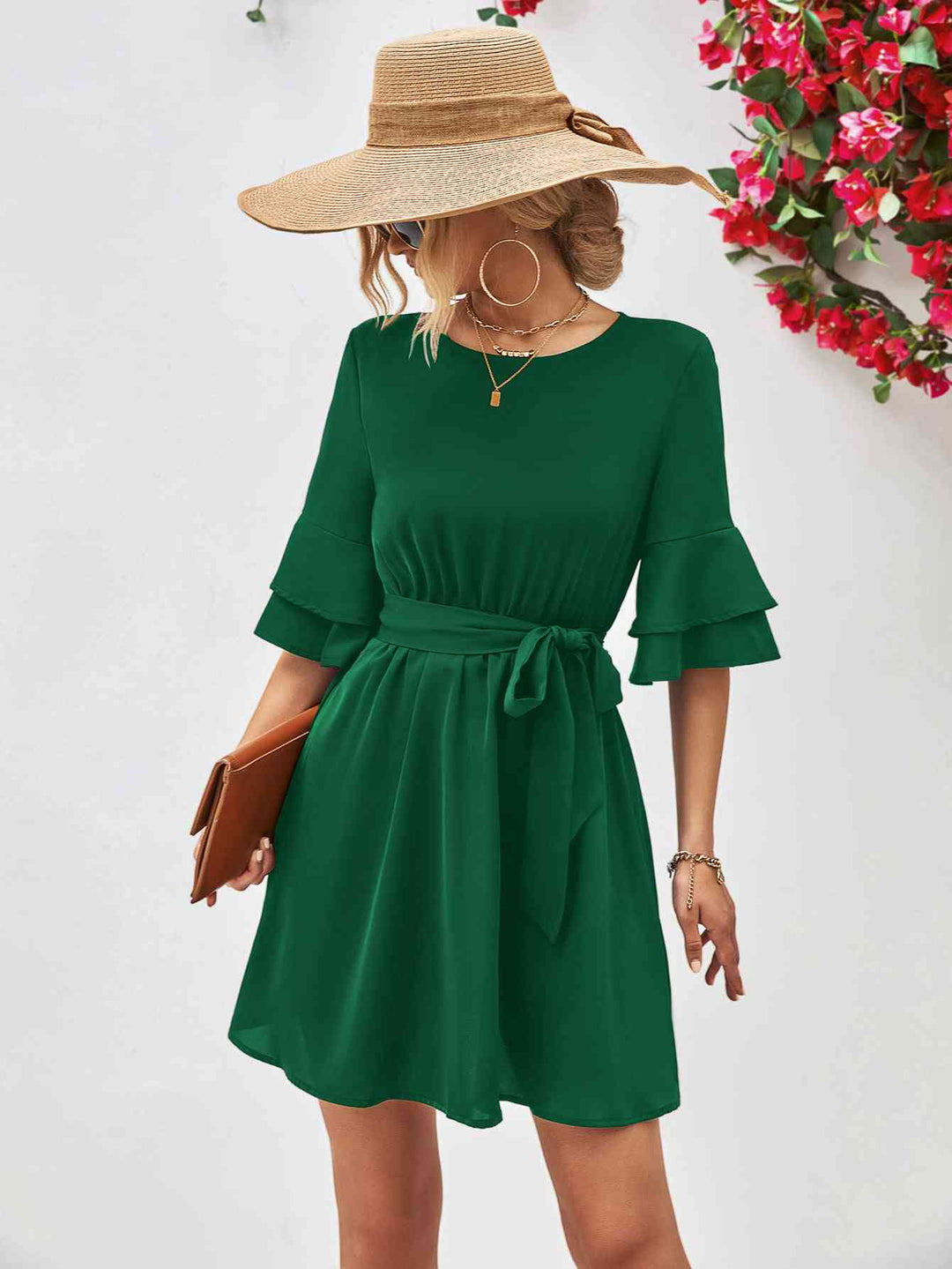 EJC Round Neck Tie Belt Flounce Sleeve Dress