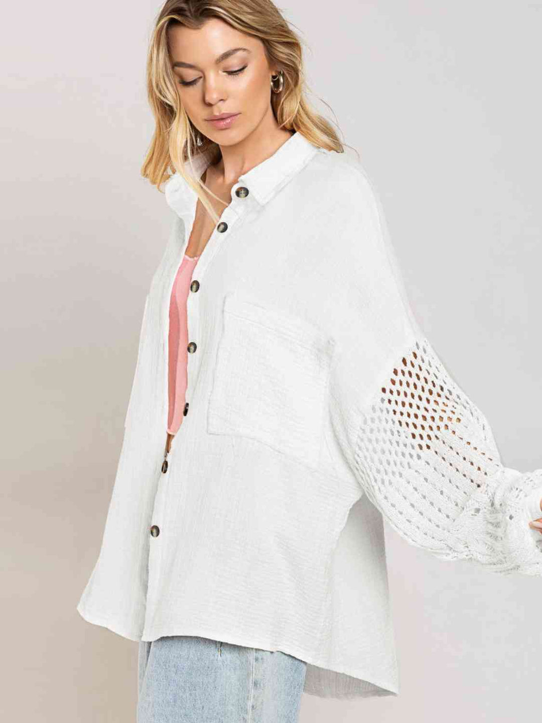 EJC Openwork Collared Neck Button Front Shirt