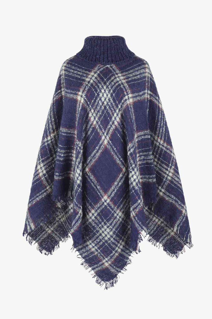 EJC Plaid Turtleneck Fringe Hem Poncho