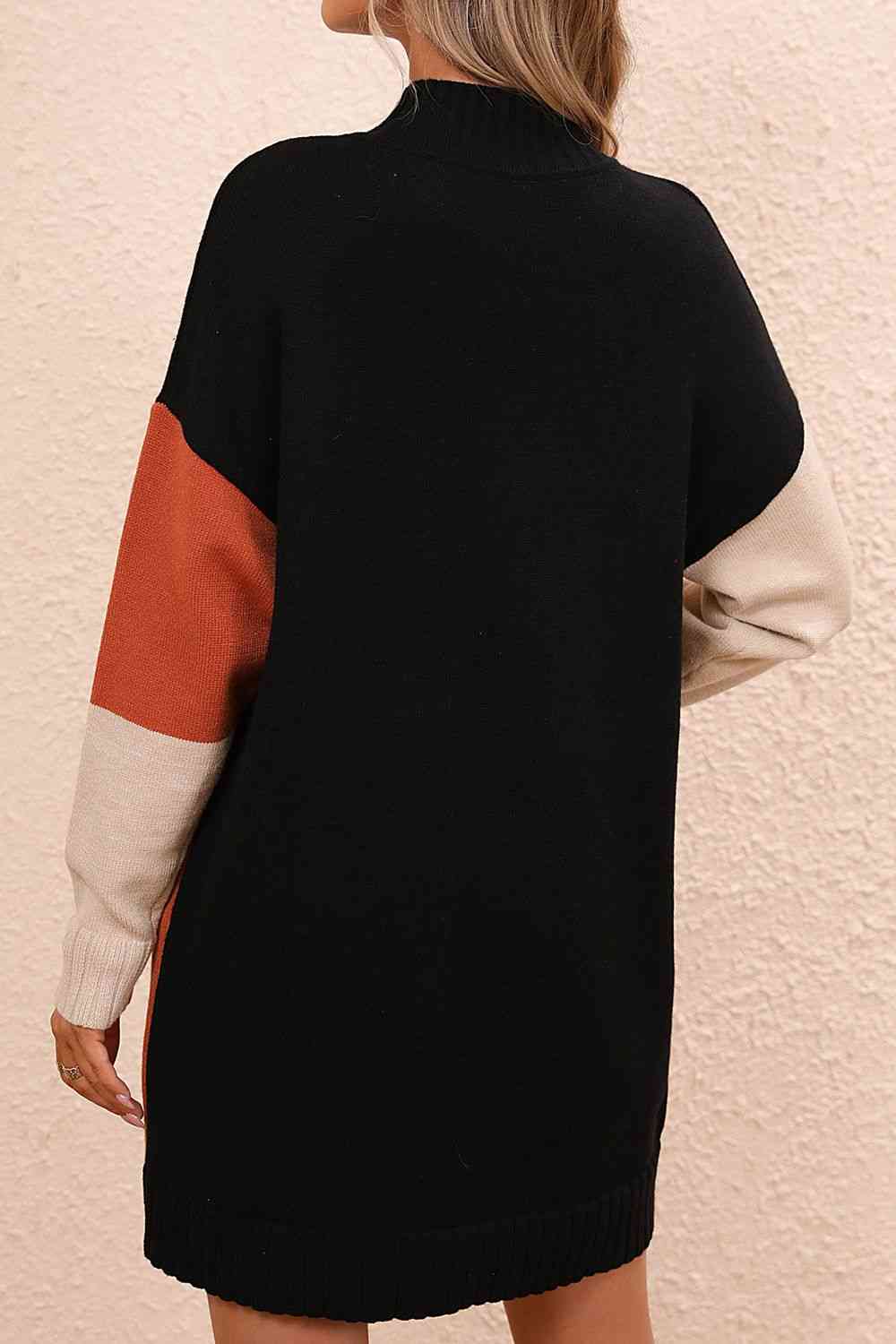 EJC Color Block Mock Neck Dropped Shoulder Sweater Dress