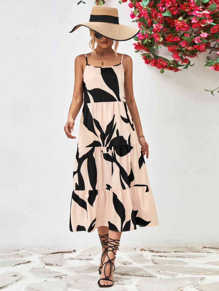 EJC Printed Spaghetti Strap Tiered Midi Dress