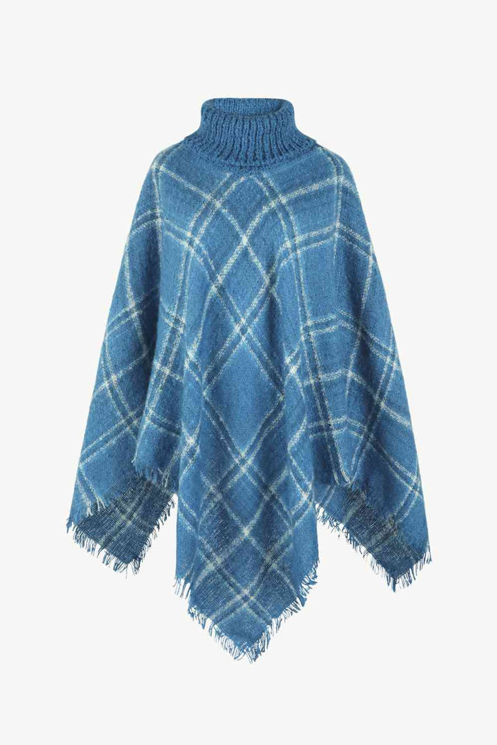 EJC Plaid Turtleneck Fringe Hem Poncho