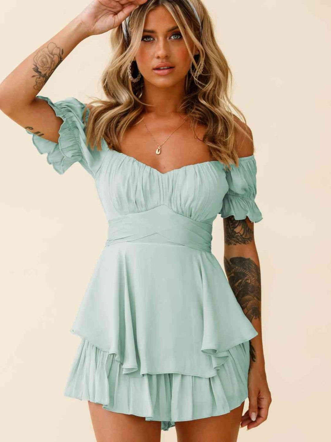 EJC Off Shoulder Flounce Sleeve Romper