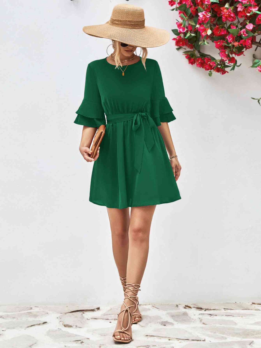 EJC Round Neck Tie Belt Flounce Sleeve Dress