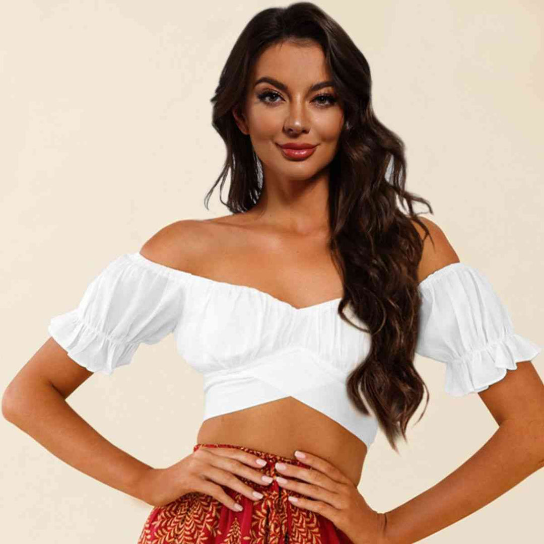 EJC Off-Shoulder Flounce Sleeve Tie Back Top