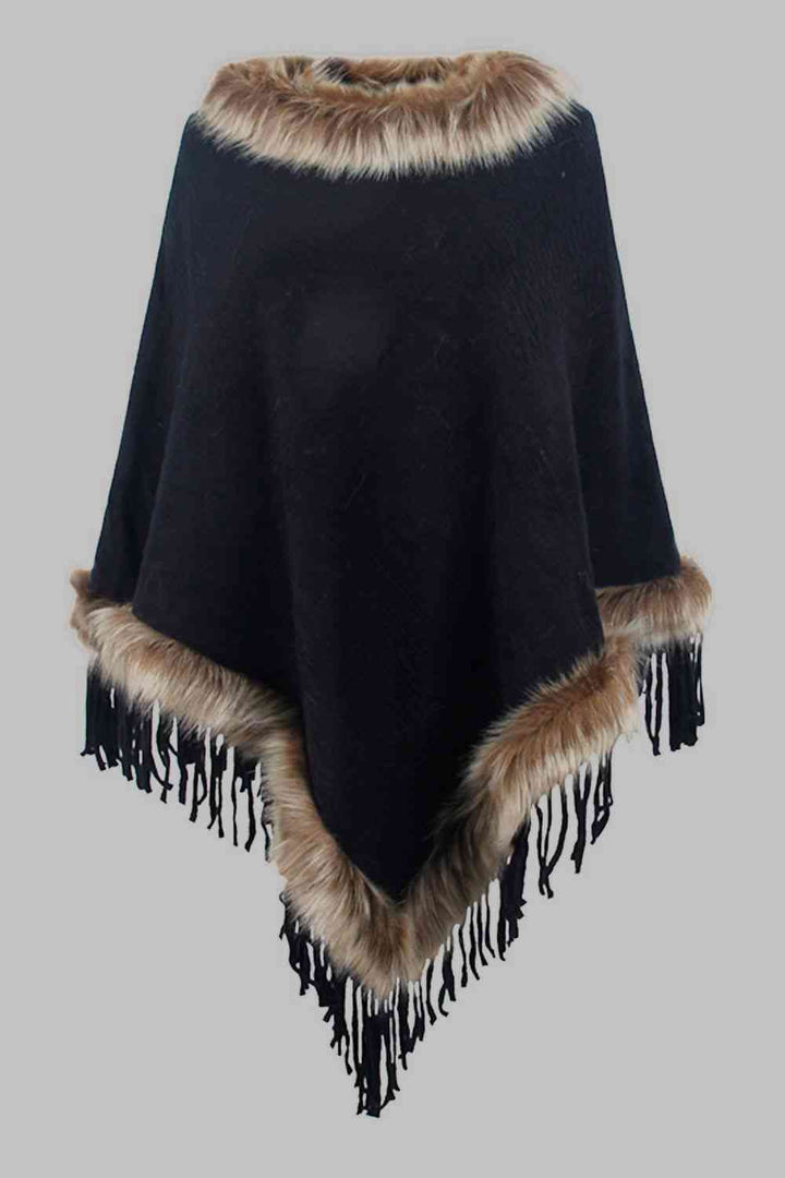 EJC Faux Fur Trim Fringed Poncho