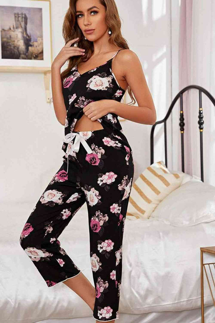 EJC Floral V-Neck Cami and Cropped Pants Lounge Set