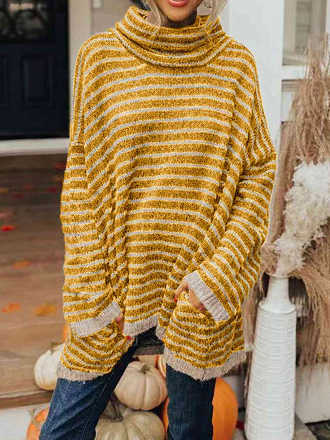 EJC Striped Turtleneck Sweater with Pockets