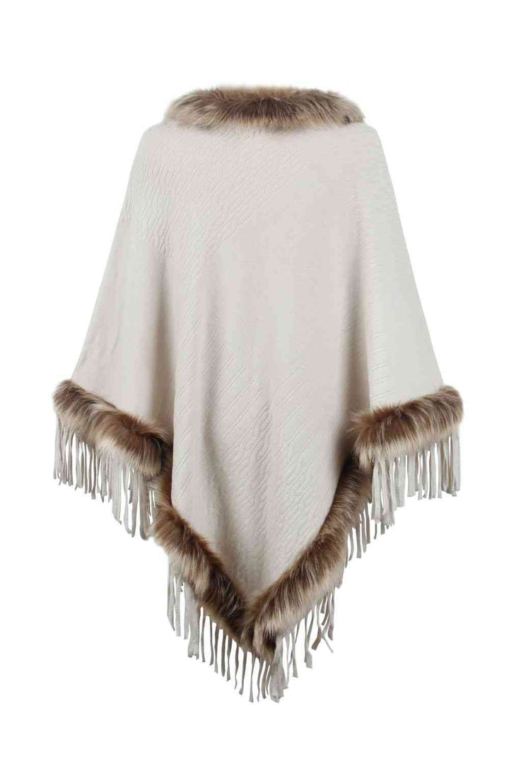 EJC Faux Fur Trim Fringed Poncho