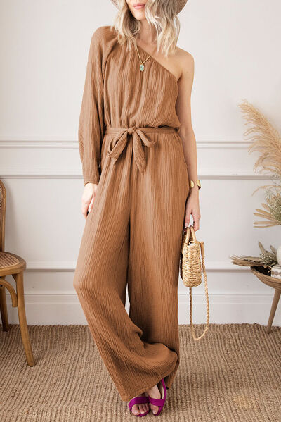 EJC Texture Single Shoulder Tie-Waist Jumpsuit