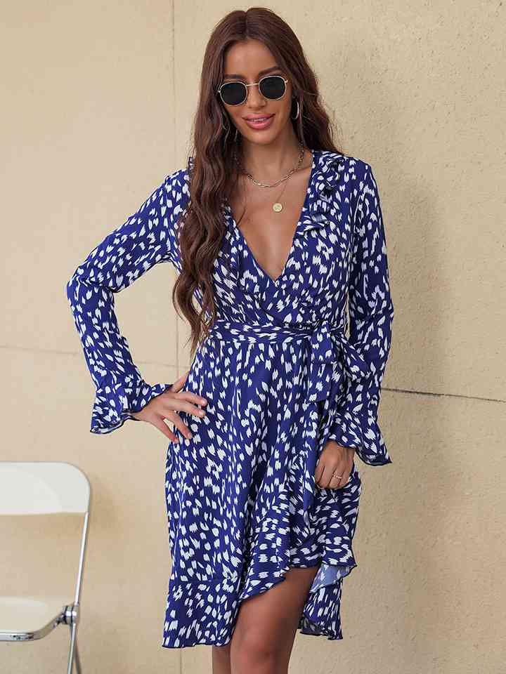 EJC Printed Deep V Tie Waist Dress