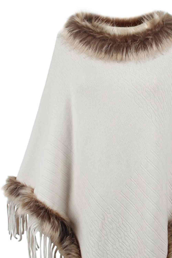 EJC Faux Fur Trim Fringed Poncho