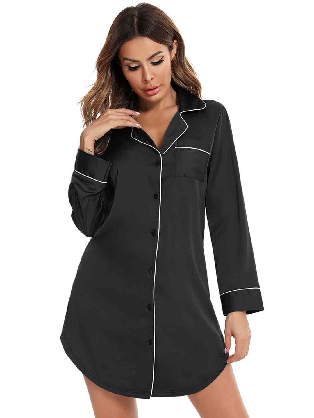 EJC Button Up Lapel Collar Nightgown Sleepshirt