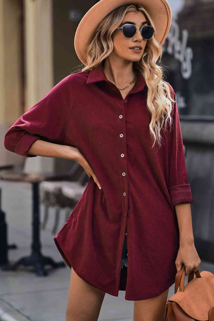 EJC Button Front Curved Hem Raglan Sleeve Shirt Dress