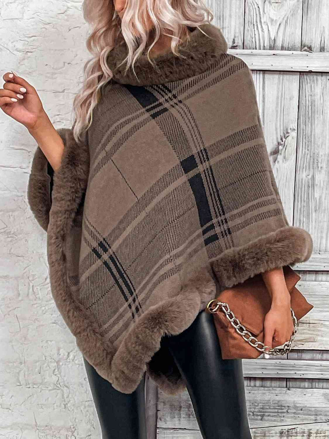 EJC Plaid Faux Fur Trim Poncho