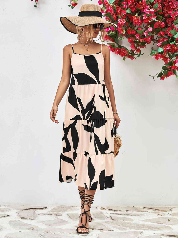 EJC Printed Spaghetti Strap Tiered Midi Dress