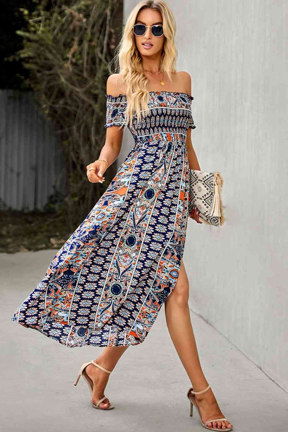 EJC Bohemian Hippie Off-Shoulder Sexy  Side Slit Dress