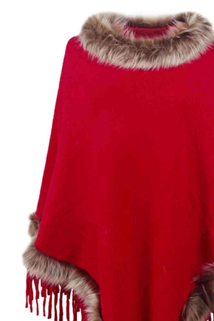 EJC Faux Fur Trim Fringed Poncho