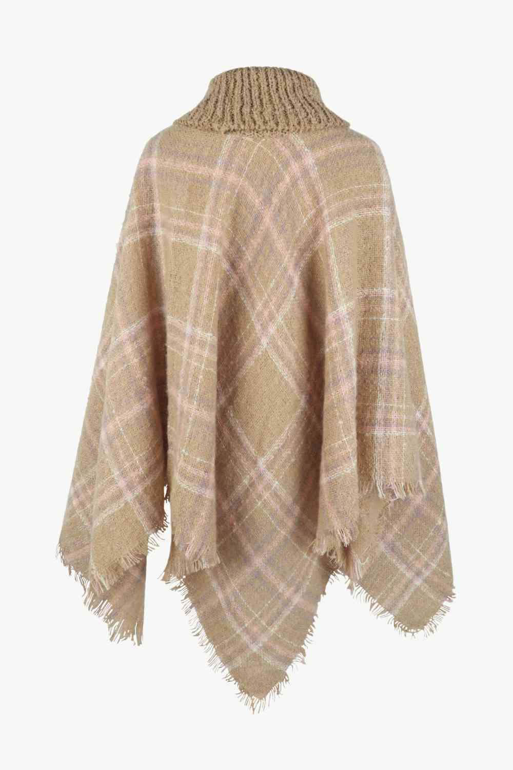 EJC Plaid Turtleneck Fringe Hem Poncho