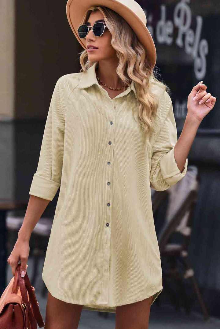 EJC Button Front Curved Hem Raglan Sleeve Shirt Dress