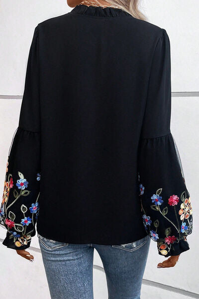 EJC Floral Patched Flounce Sleeve Tie Neck Blouse