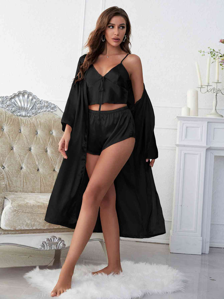 EJC Satin V-Neck Cami, Shorts, and Belted Robe Pajama Set