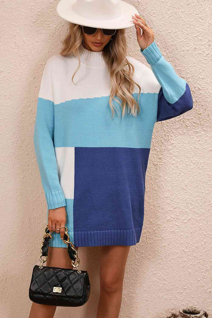 EJC Color Block Mock Neck Dropped Shoulder Sweater Dress