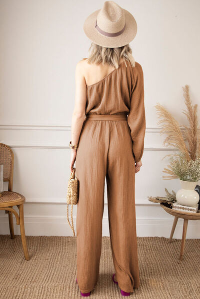 EJC Texture Single Shoulder Tie-Waist Jumpsuit