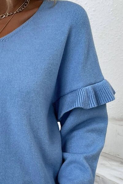 EJC V-Neck Ruffle Trim Long Sleeve Sweater