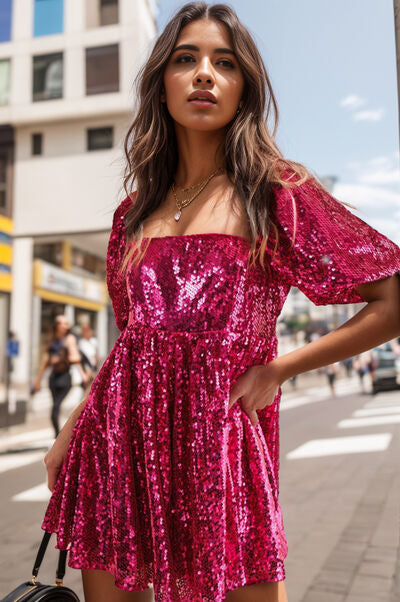 EJC Sequin Square Neck Balloon Sleeve Romper