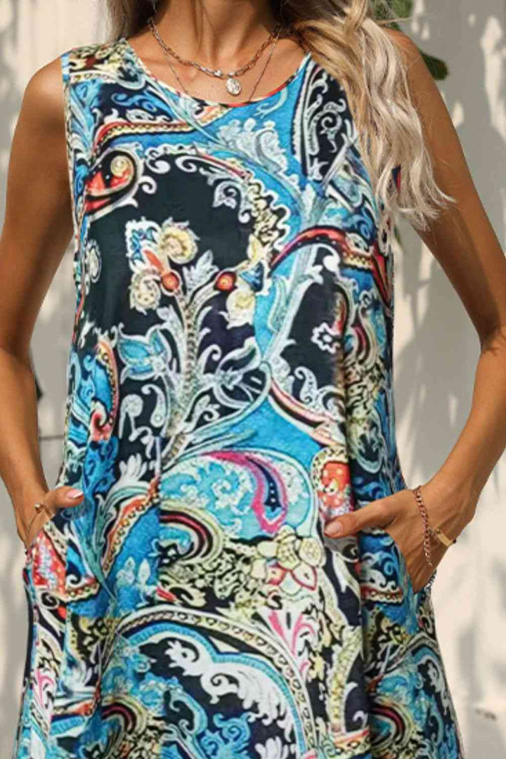 EJC Printed Round Neck Sleeveless Dress with Pockets