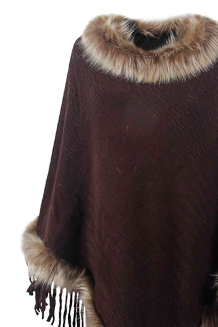 EJC Faux Fur Trim Fringed Poncho