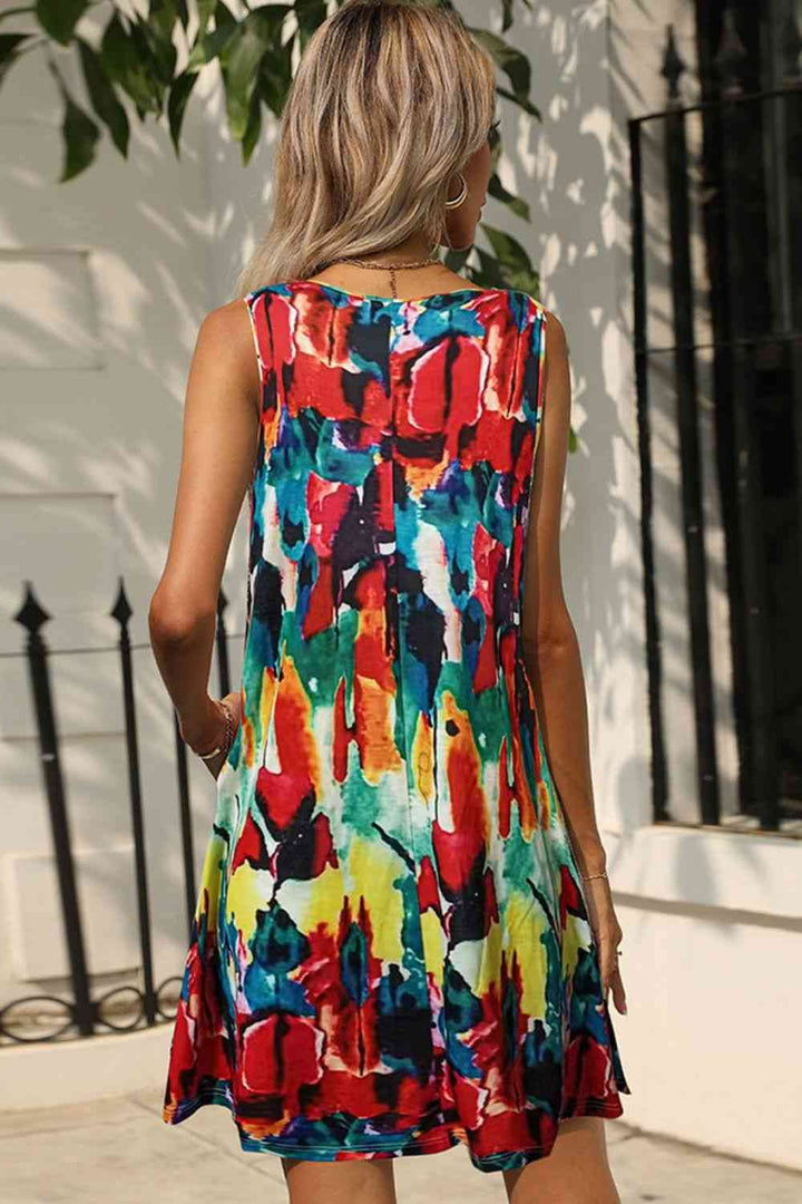 EJC Printed Round Neck Sleeveless Dress with Pockets