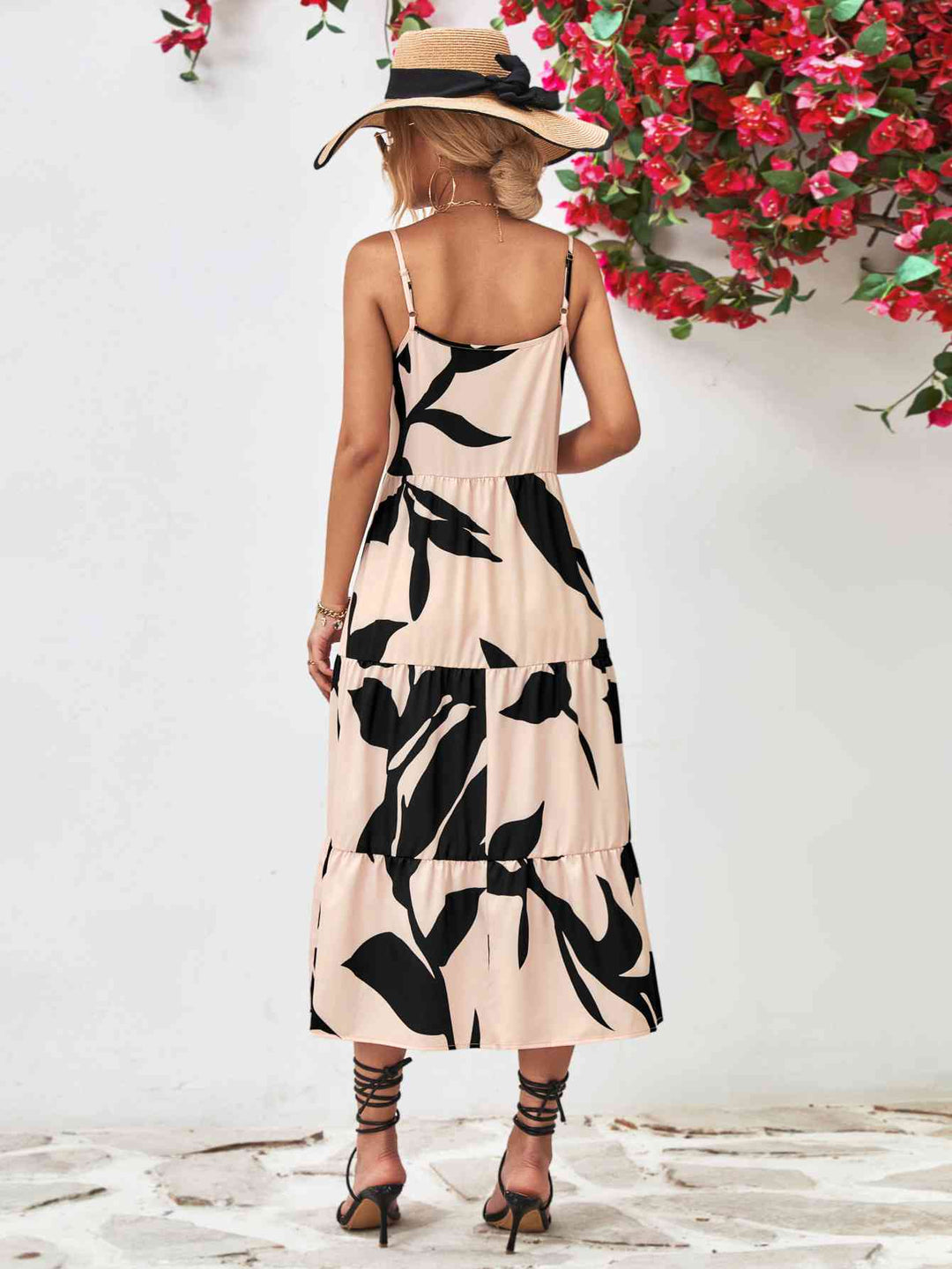 EJC Printed Spaghetti Strap Tiered Midi Dress