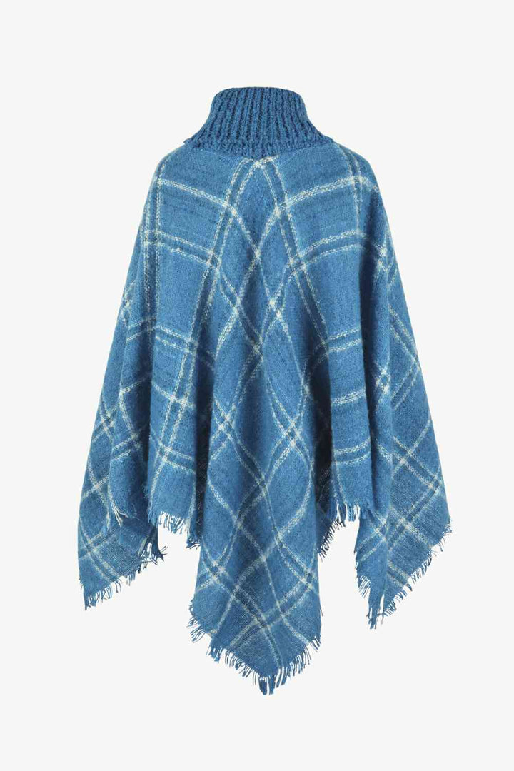 EJC Plaid Turtleneck Fringe Hem Poncho