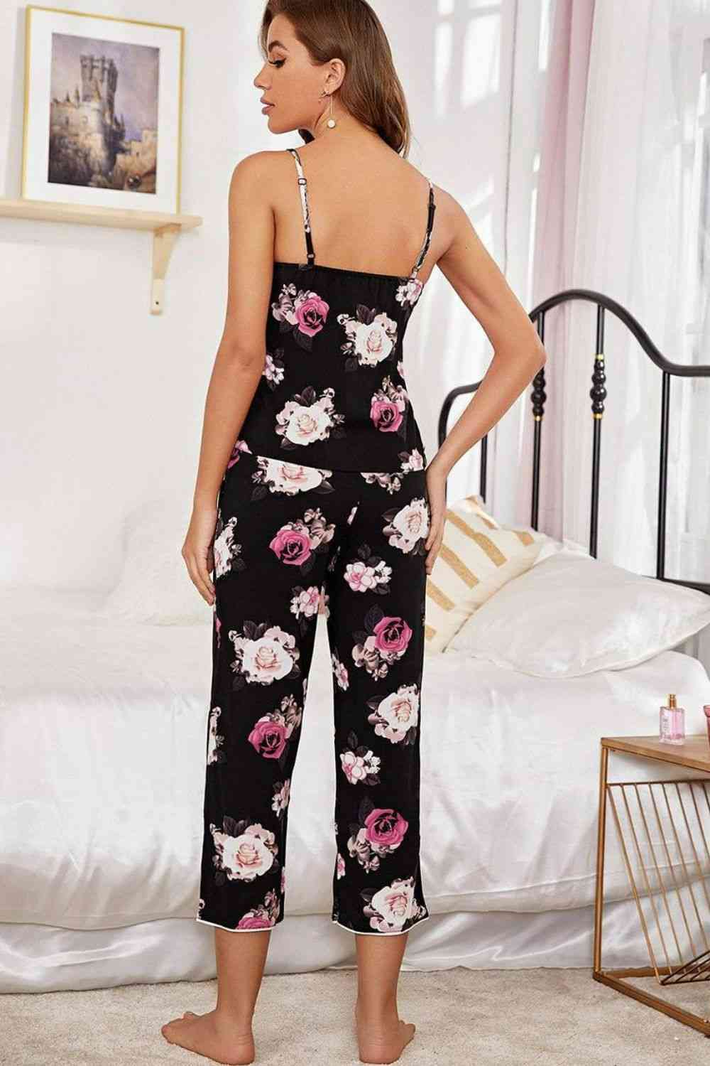 EJC Floral V-Neck Cami and Cropped Pants Lounge Set