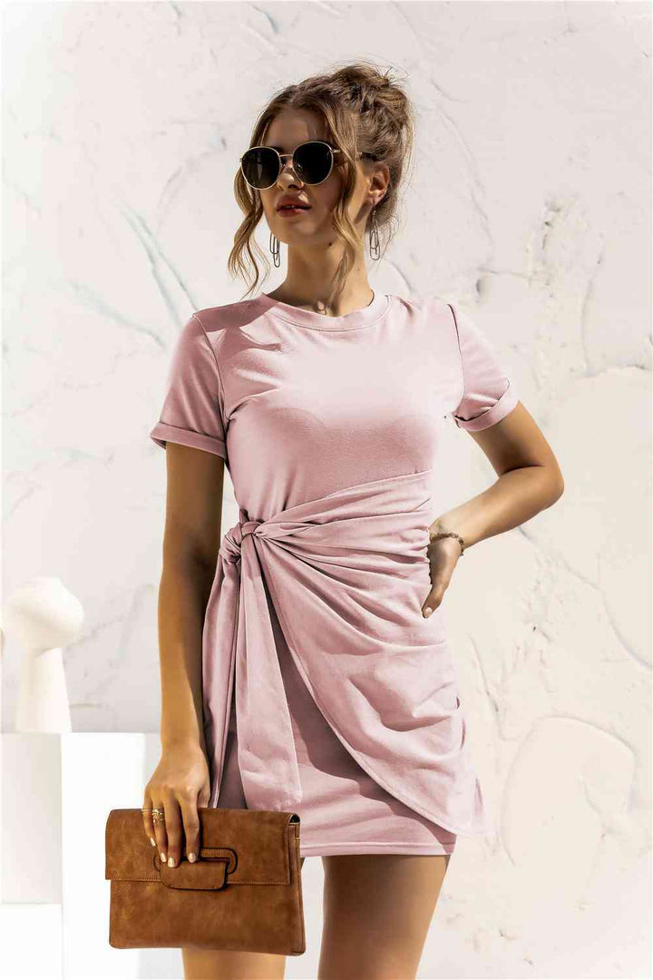 EJC Round Neck Cuffed Sleeve Side Tie Dress