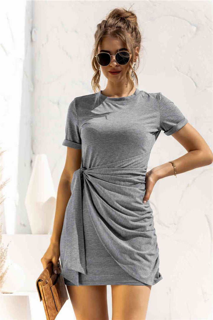 EJC Round Neck Cuffed Sleeve Side Tie Dress