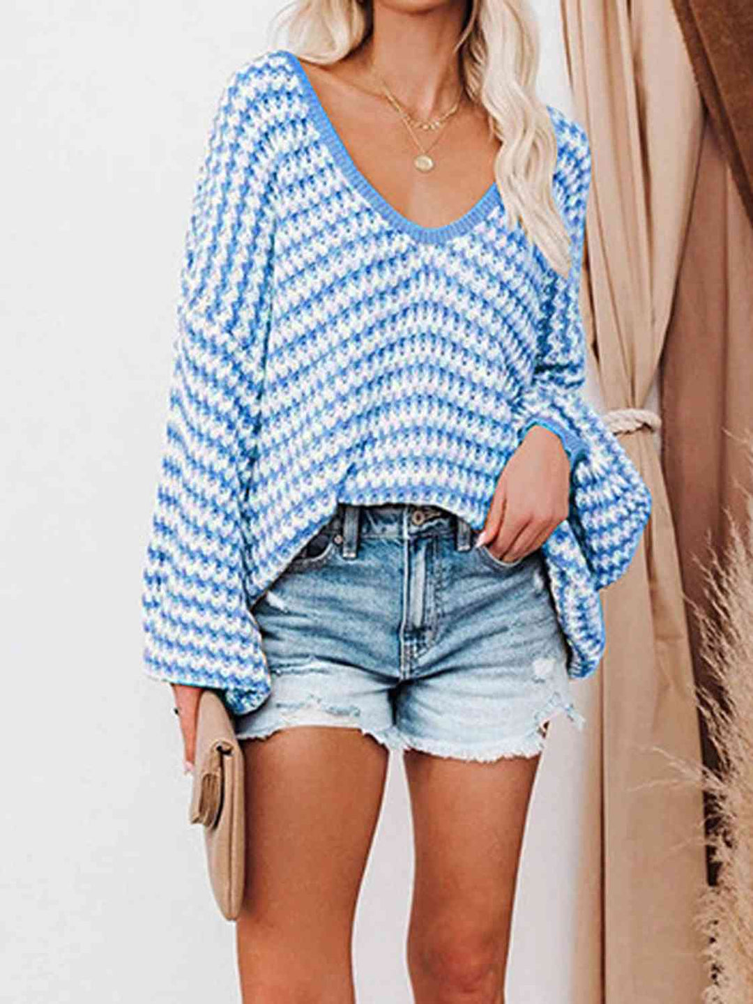 EJC Striped Drop Shoulder V-Neck Sweater