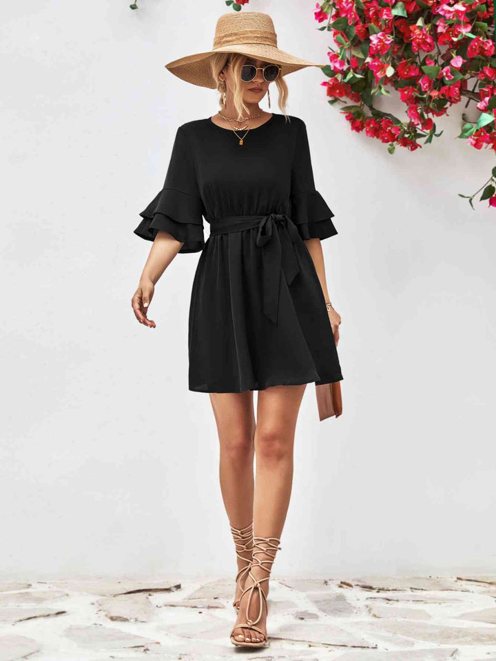 EJC Round Neck Tie Belt Flounce Sleeve Dress