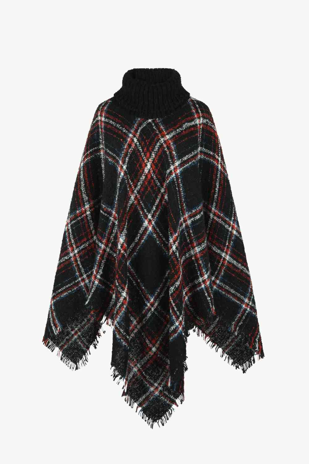 EJC Plaid Turtleneck Fringe Hem Poncho