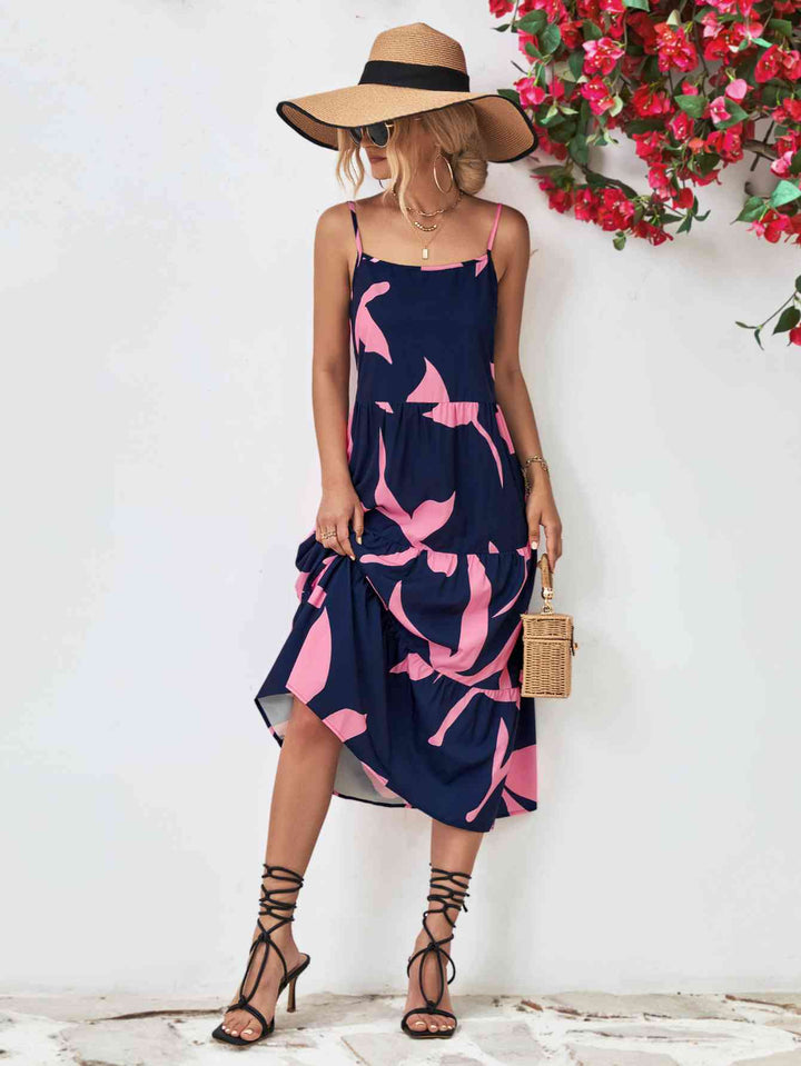 EJC Printed Spaghetti Strap Tiered Midi Dress