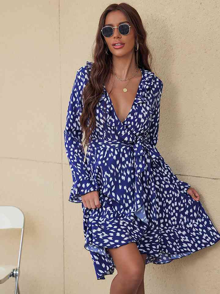 EJC Printed Deep V Tie Waist Dress