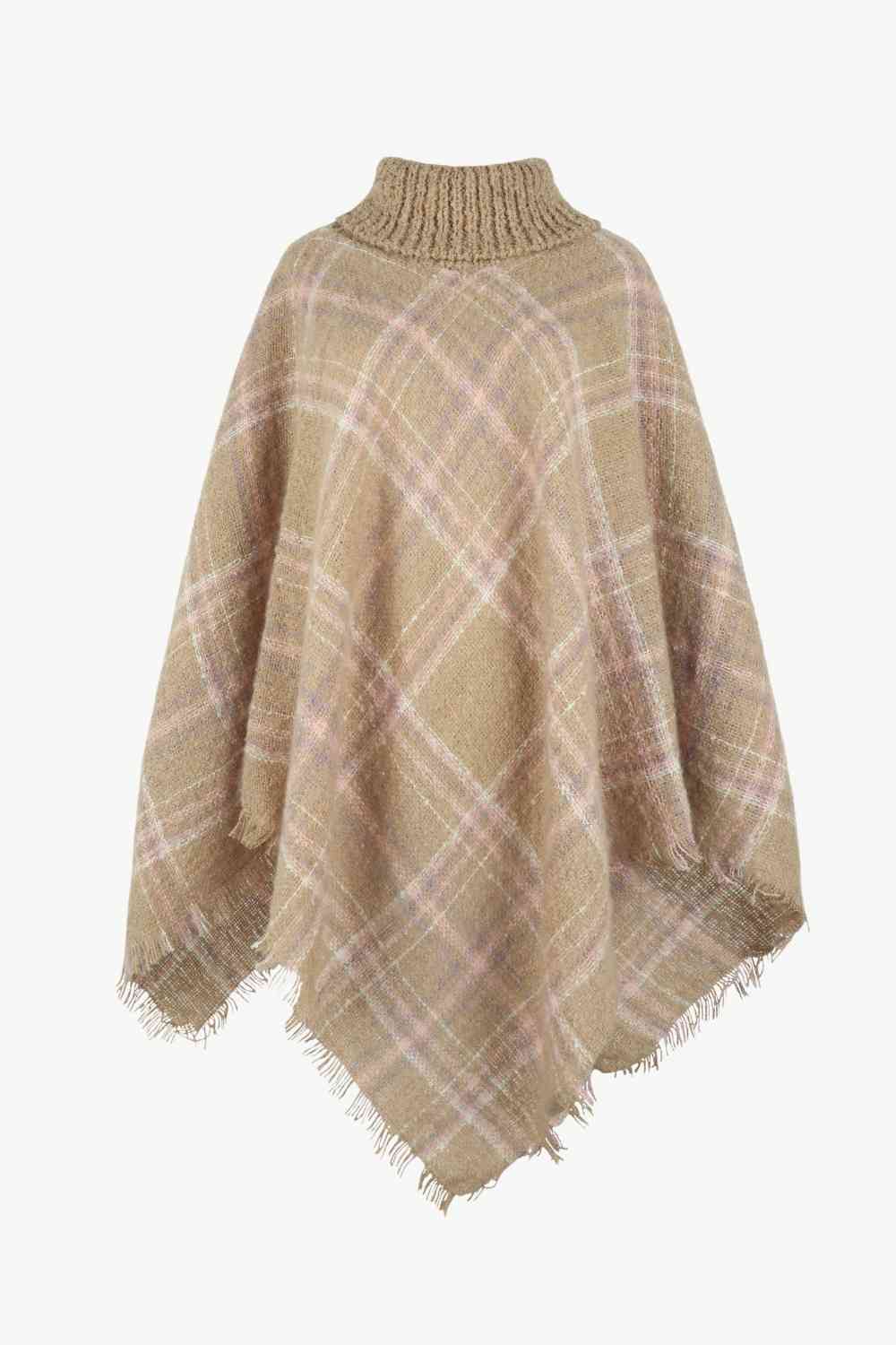 EJC Plaid Turtleneck Fringe Hem Poncho