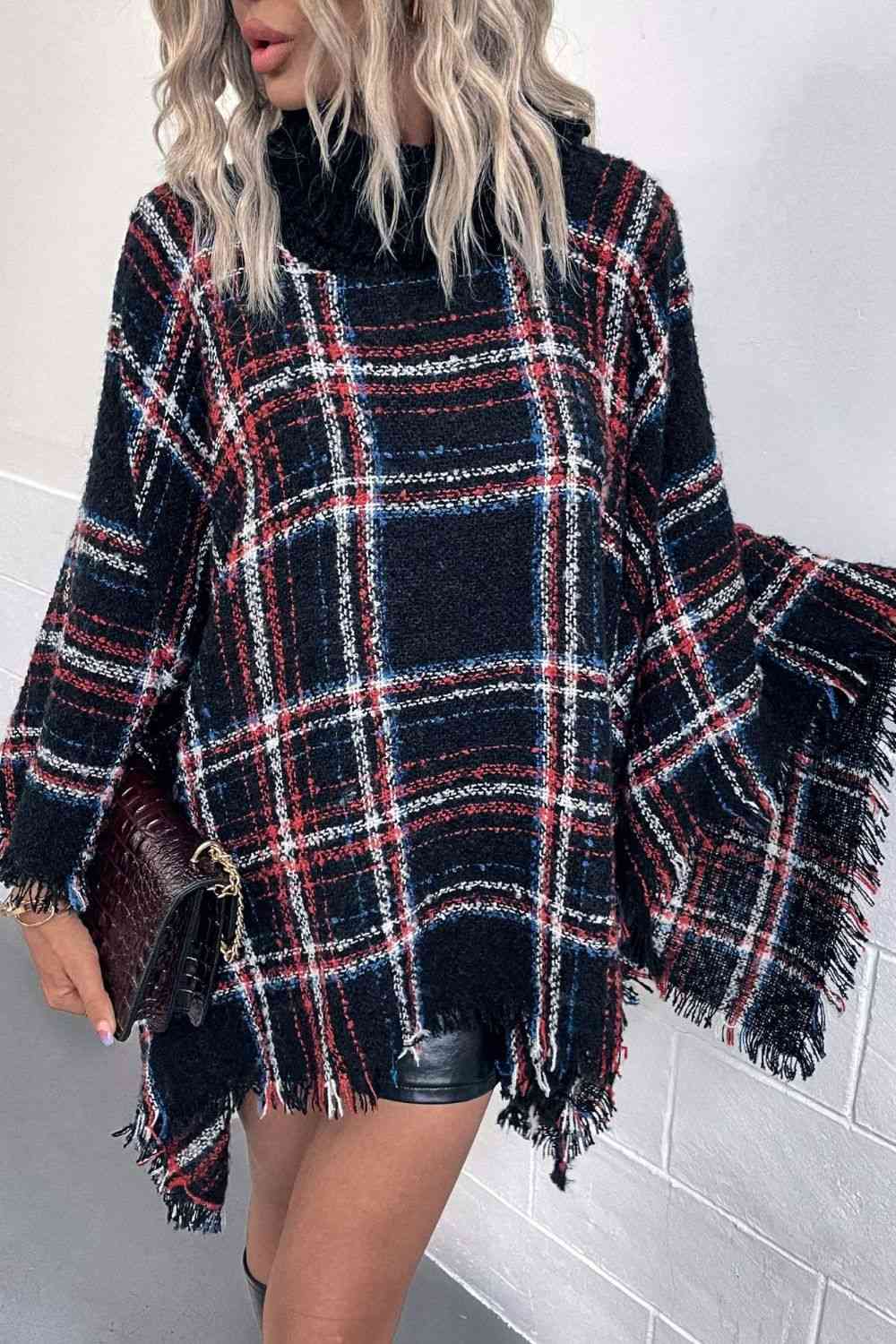 EJC Plaid Turtleneck Fringe Hem Poncho