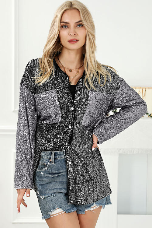 EJC Sequin Button Up Collared Neck Shirt