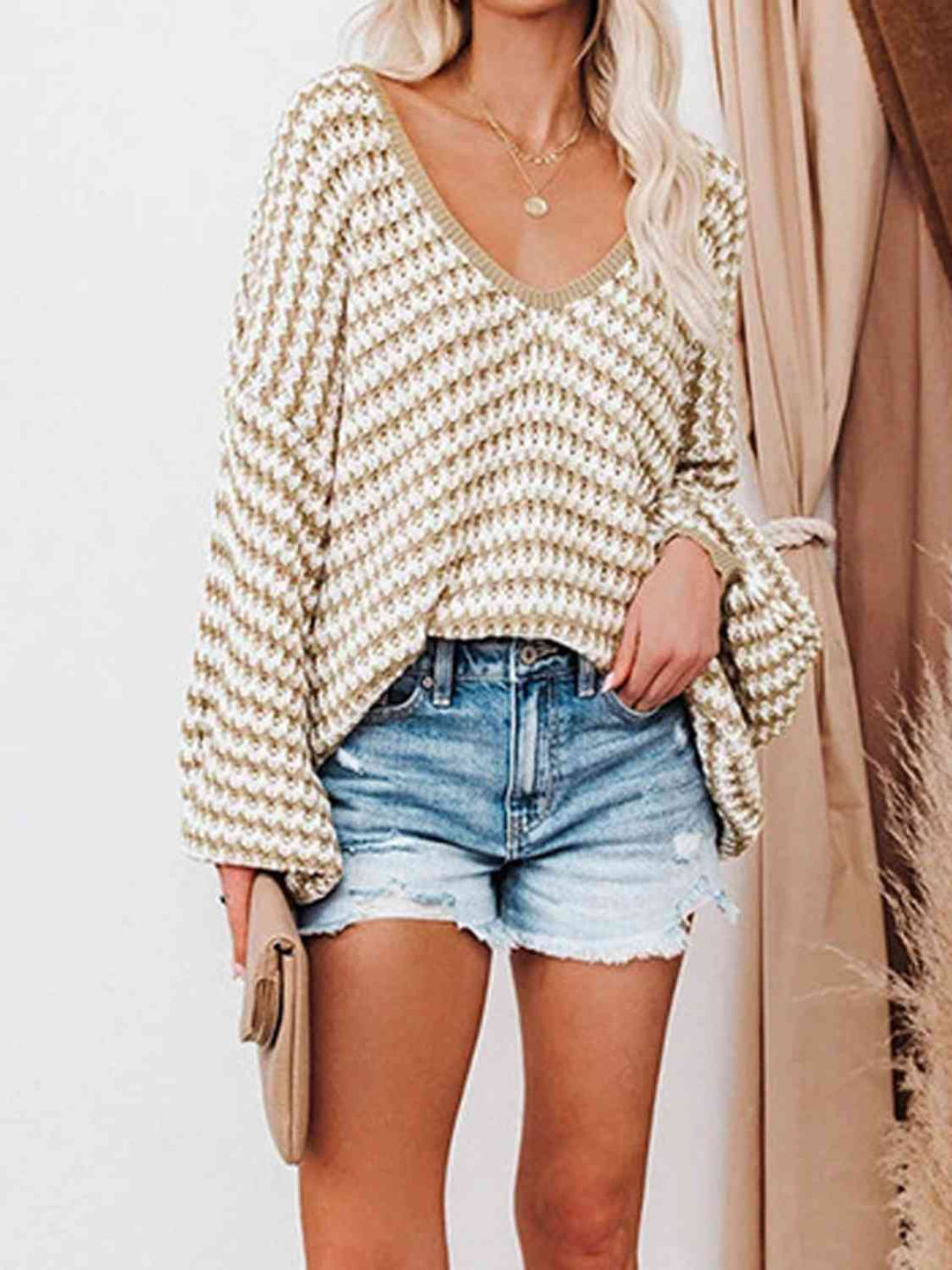 EJC Striped Drop Shoulder V-Neck Sweater