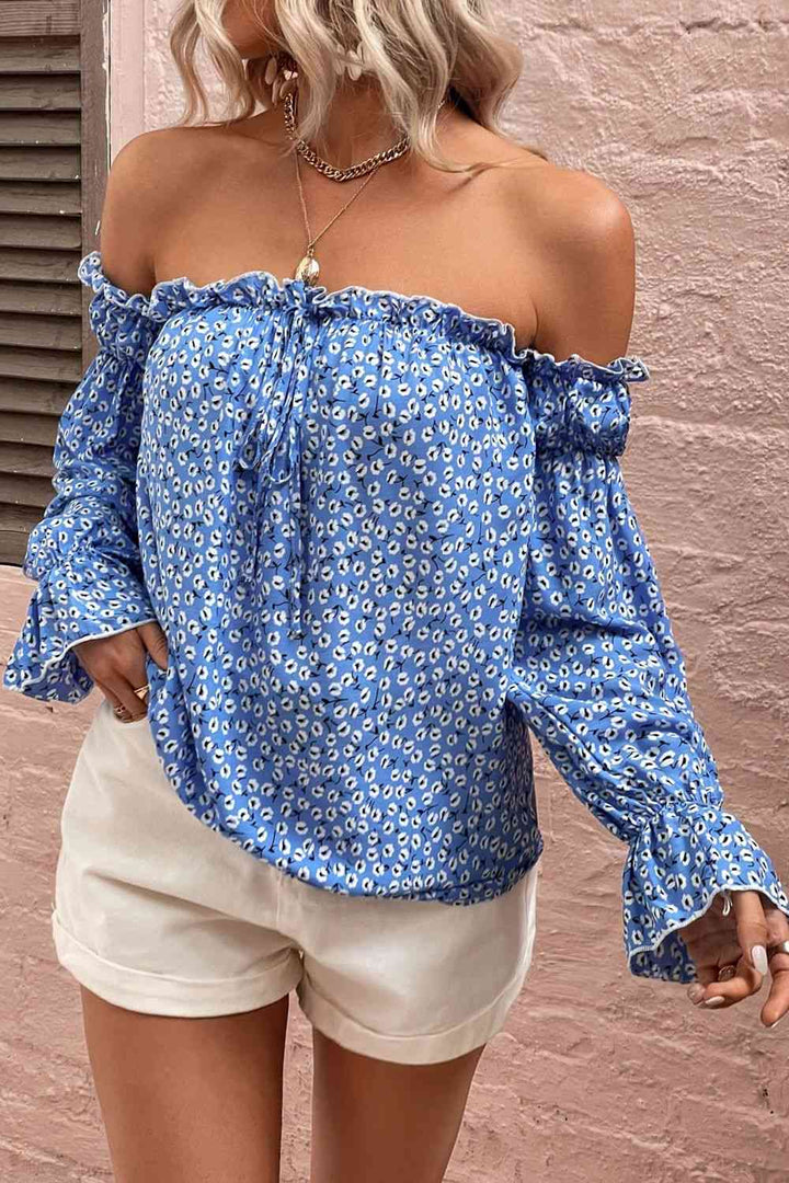 EJC Off Shoulder Printed Frill Trim Blouse